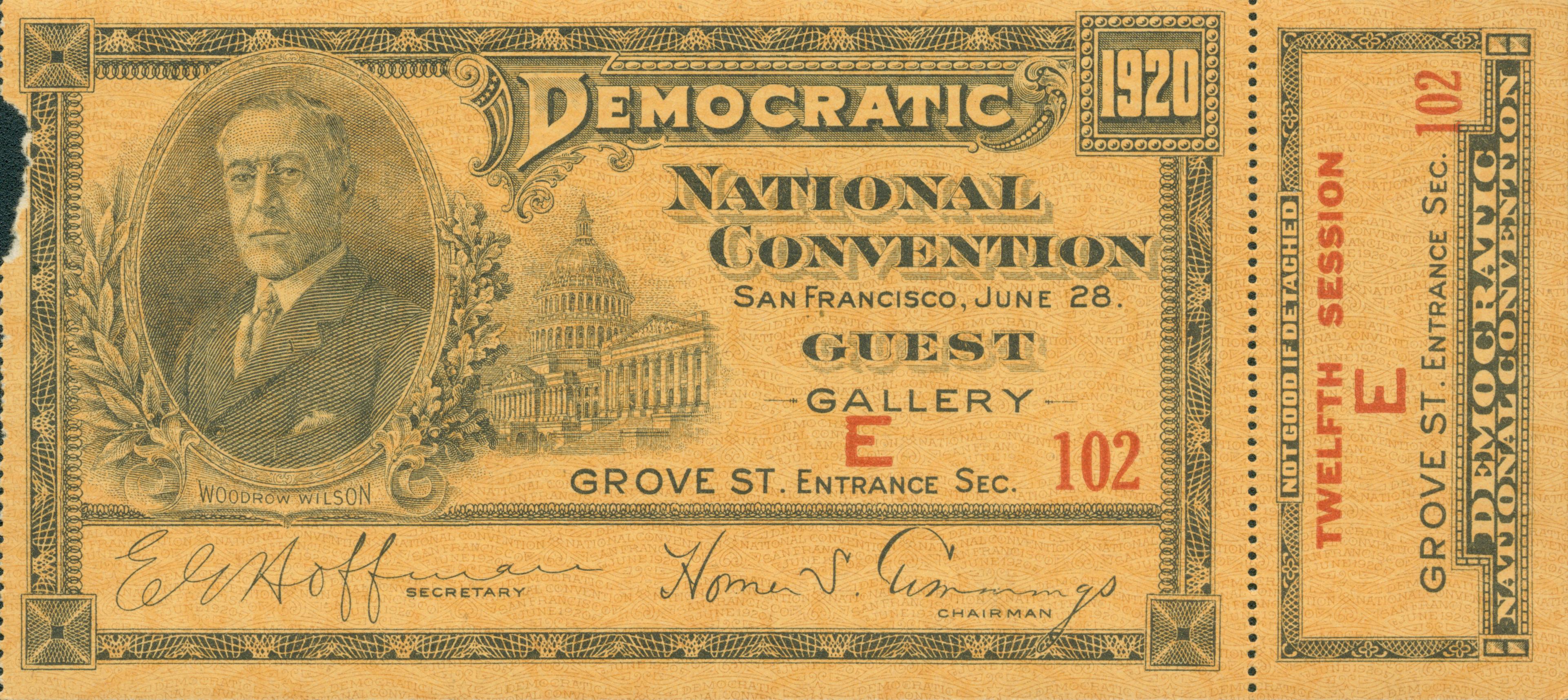 Ticket to the guest Gallery for the 1920 Democratic National Convention